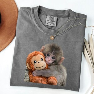 Baby Monkey Shirt, Cute Animal Tee, Hugging Plush Toy Top, Wildlife Lover Gift for Her, Zoo Keeper Apparel image 8
