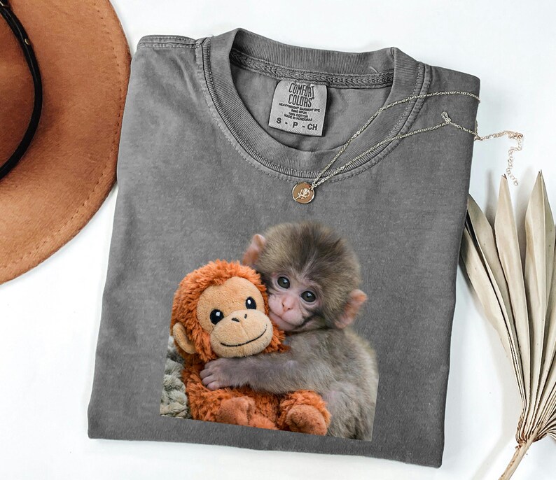 Baby Monkey Shirt, Cute Animal Tee, Hugging Plush Toy Top, Wildlife Lover Gift for Her, Zoo Keeper Apparel image 8