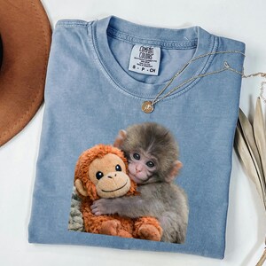 Baby Monkey Shirt, Cute Animal Tee, Hugging Plush Toy Top, Wildlife Lover Gift for Her, Zoo Keeper Apparel image 9