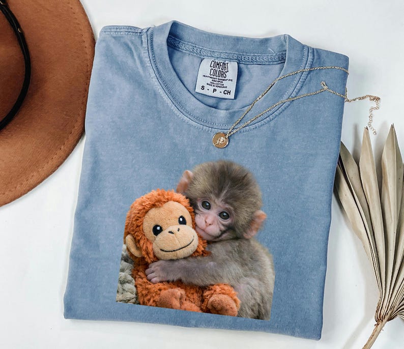 Baby Monkey Shirt, Cute Animal Tee, Hugging Plush Toy Top, Wildlife Lover Gift for Her, Zoo Keeper Apparel image 9