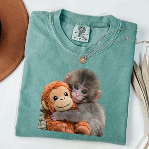 Baby Monkey Shirt, Cute Animal Tee, Hugging Plush Toy Top, Wildlife Lover Gift for Her, Zoo Keeper Apparel image 5