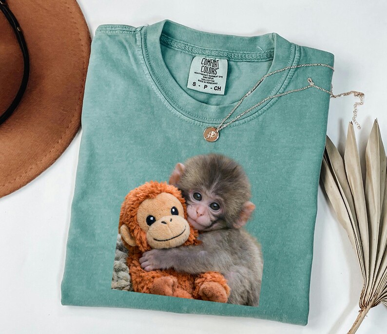 Baby Monkey Shirt, Cute Animal Tee, Hugging Plush Toy Top, Wildlife Lover Gift for Her, Zoo Keeper Apparel image 5
