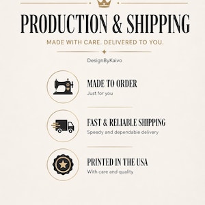 May include: An informational graphic with a cream background and dark text. The header reads PRODUCTION & SHIPPING, MADE WITH CARE. DELIVERED TO YOU. Below, three circular icons feature a sewing machine, a delivery truck, and a star, with text.