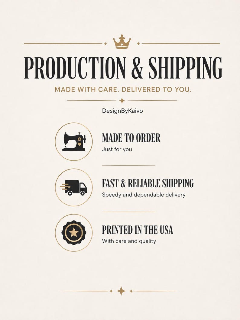May include: An informational graphic with a cream background and dark text. The header reads PRODUCTION & SHIPPING, MADE WITH CARE. DELIVERED TO YOU. Below, three circular icons feature a sewing machine, a delivery truck, and a star, with text.