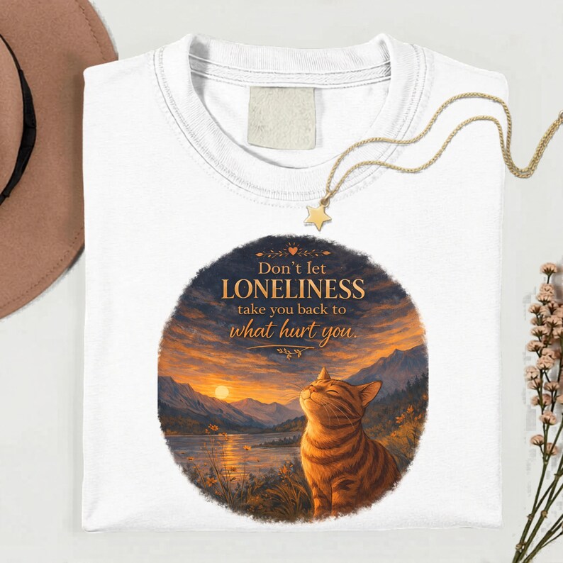May include: White t-shirt featuring a round graphic with a cat and a sunset landscape. The graphic includes the text "Don't let loneliness take you back to what hurt you." A gold necklace with a star pendant is draped on the shirt.