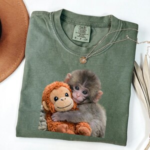 Baby Monkey Shirt, Cute Animal Tee, Hugging Plush Toy Top, Wildlife Lover Gift for Her, Zoo Keeper Apparel image 6