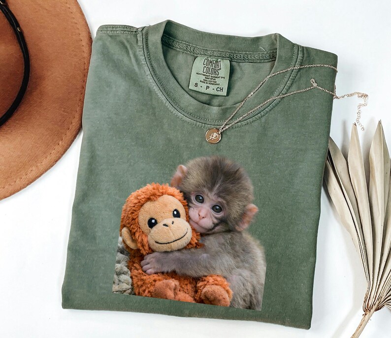 Baby Monkey Shirt, Cute Animal Tee, Hugging Plush Toy Top, Wildlife Lover Gift for Her, Zoo Keeper Apparel image 6