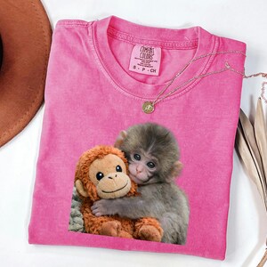 Baby Monkey Shirt, Cute Animal Tee, Hugging Plush Toy Top, Wildlife Lover Gift for Her, Zoo Keeper Apparel image 7