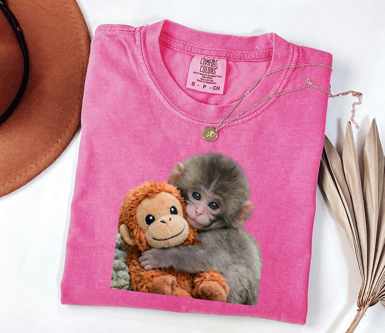Baby Monkey Shirt, Cute Animal Tee, Hugging Plush Toy Top, Wildlife Lover Gift for Her, Zoo Keeper Apparel image 7
