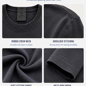 May include: A dark gray t-shirt featuring a ribbed crew neck with a FAGUO organic cotton label size M, reinforced shoulder stitching, soft cotton fabric texture, and a neat hem finish. The image includes the text FABRIC & STITCHING CLOSE-UP.
