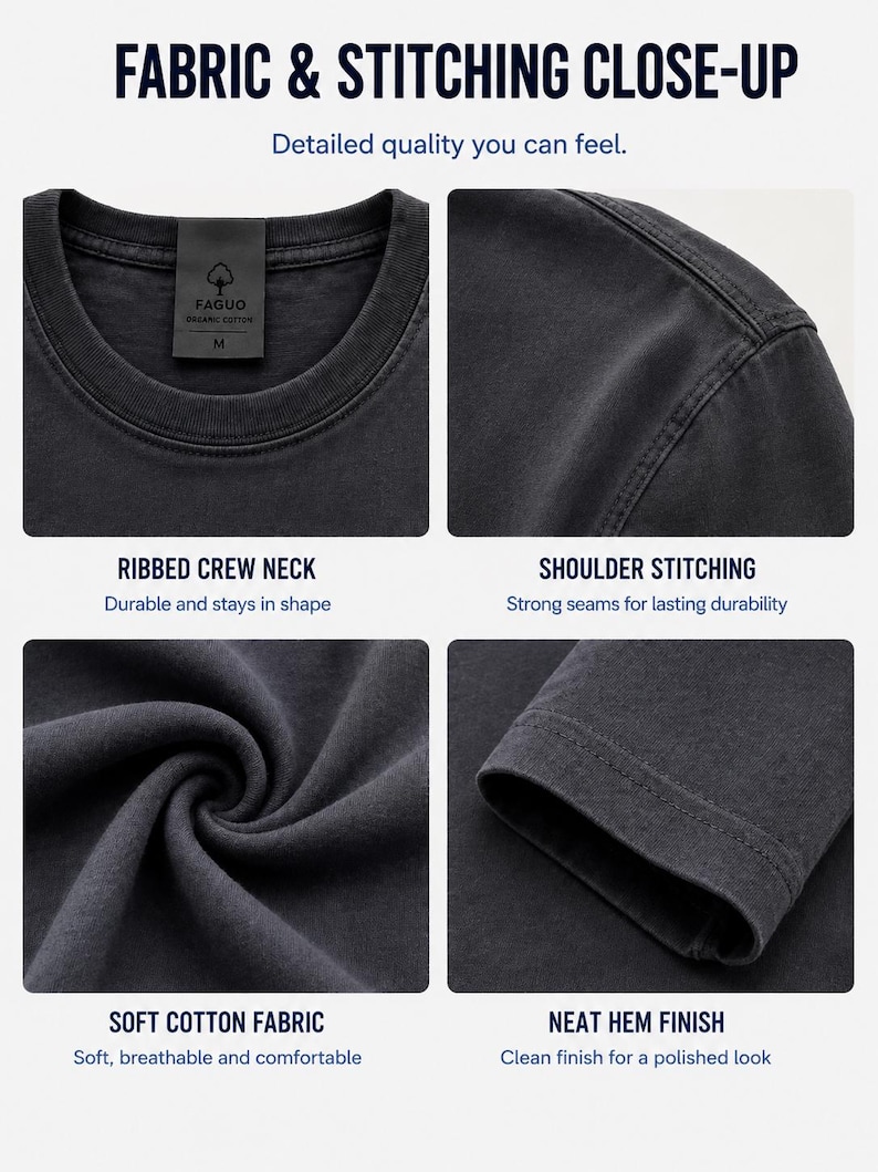 May include: A dark gray t-shirt featuring a ribbed crew neck with a FAGUO organic cotton label size M, reinforced shoulder stitching, soft cotton fabric texture, and a neat hem finish. The image includes the text FABRIC & STITCHING CLOSE-UP.