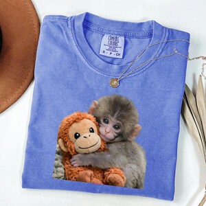 Baby Monkey Shirt, Cute Animal Tee, Hugging Plush Toy Top, Wildlife Lover Gift for Her, Zoo Keeper Apparel image 3