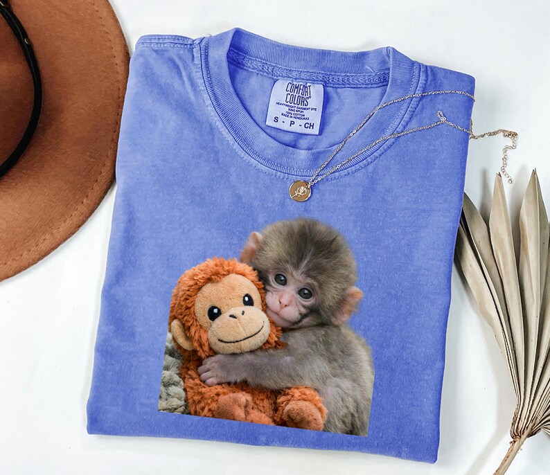 Baby Monkey Shirt, Cute Animal Tee, Hugging Plush Toy Top, Wildlife Lover Gift for Her, Zoo Keeper Apparel image 3