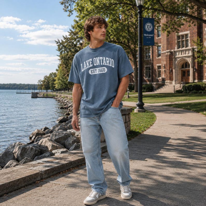May include: A blue short-sleeved t-shirt featuring the white text LAKE ONTARIO and EST 1660 inside an oval graphic on the chest, paired with light blue denim jeans and white sneakers with grey accents, creating a casual outfit.