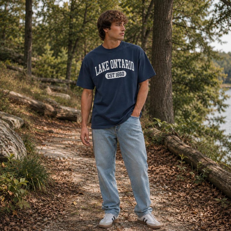 May include: A navy blue short-sleeved t-shirt with white text that reads LAKE ONTARIO EST 1660 across the chest, paired with light blue denim jeans and white sneakers with black stripes, worn in an outdoor setting with trees and a lake.
