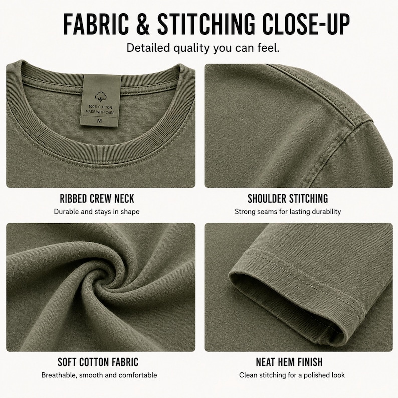 Pu&ograve; includere: Un collage di quattro viste ravvicinate di una t-shirt verde oliva. Le immagini evidenziano un girocollo a coste con un'etichetta di taglia M, cuciture sulle spalle, una consistenza in cotone morbido e un orlo rifinito. Testo: FABRIC & STITCHING CLOSE-UP.