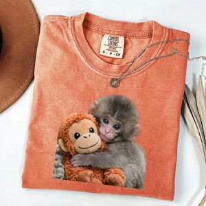 Baby Monkey Shirt, Cute Animal Tee, Hugging Plush Toy Top, Wildlife Lover Gift for Her, Zoo Keeper Apparel image 4