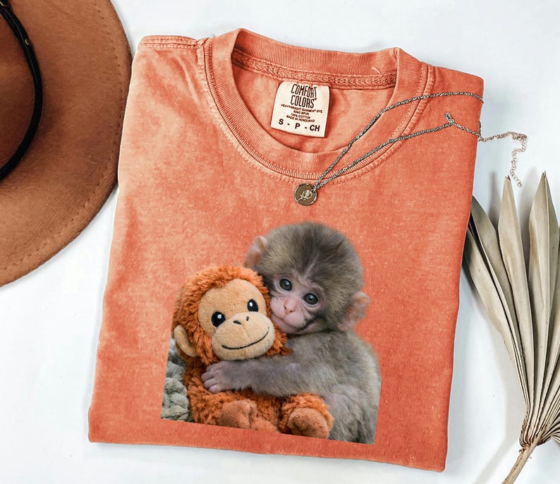 Baby Monkey Shirt, Cute Animal Tee, Hugging Plush Toy Top, Wildlife Lover Gift for Her, Zoo Keeper Apparel image 4