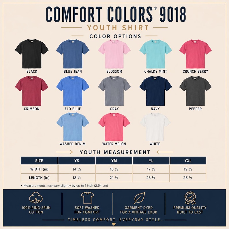 Pu&ograve; includere: Una tabella colori per t-shirt da giovani Comfort Colors 9018 che mostra tredici opzioni di t-shirt a maniche corte nei colori nero, blue jean, blossom, menta, crunch berry, cremisi, blu flo, grigio, navy, pepe, denim lavato, anguria e bianco.