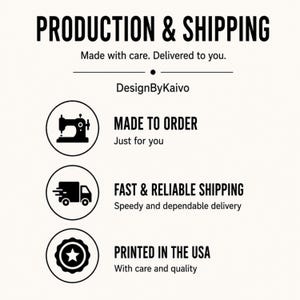 Pu&ograve; includere: Un grafico informativo con testo nero su sfondo chiaro. Presenta l'intestazione PRODUCTION & SHIPPING, seguita da DesignByKaivo. Tre icone circolari rappresentano una macchina da cucire, un camion per le consegne e un emblema a stella.