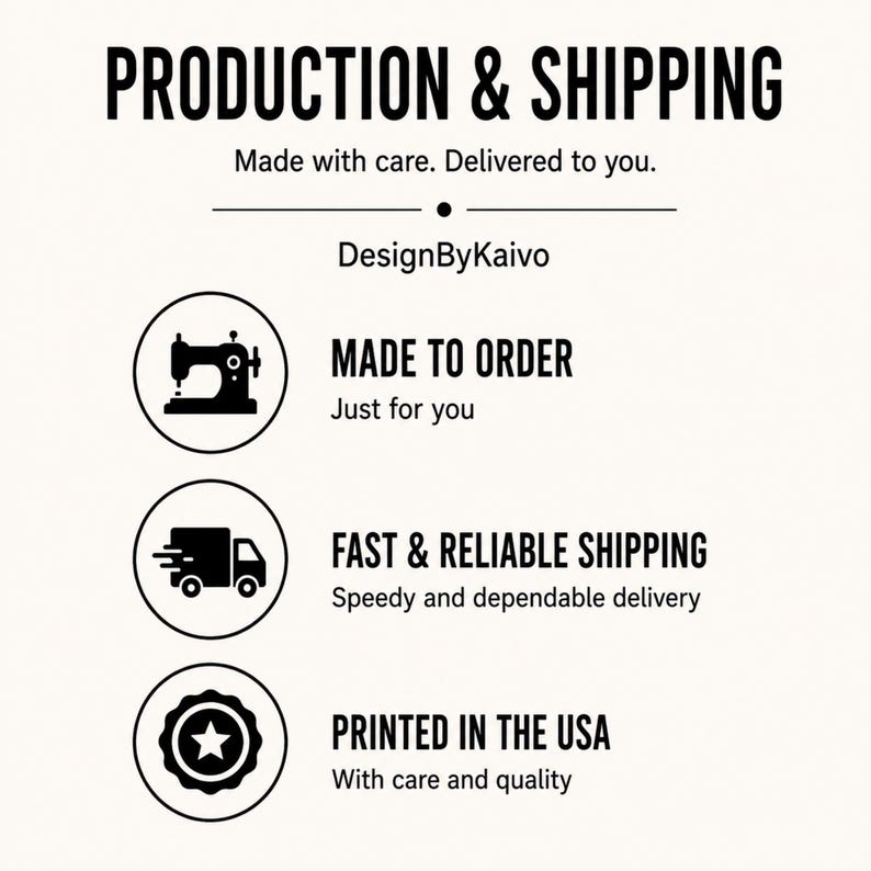Pu&ograve; includere: Un grafico informativo con testo nero su sfondo chiaro. Presenta l'intestazione PRODUCTION & SHIPPING, seguita da DesignByKaivo. Tre icone circolari rappresentano una macchina da cucire, un camion per le consegne e un emblema a stella.
