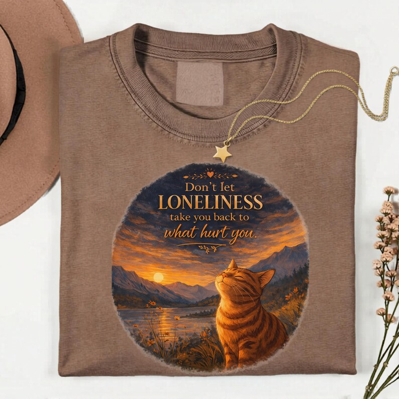 May include: Brown t-shirt featuring a graphic of a cat enjoying a sunset over a lake and mountains. The text on the shirt reads "Don't let loneliness take you back to what hurt you." A gold star pendant hangs from the neckline.