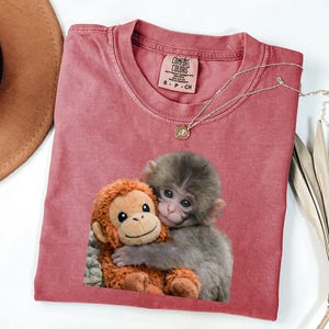 Baby Monkey Shirt, Cute Animal Tee, Hugging Plush Toy Top, Wildlife Lover Gift for Her, Zoo Keeper Apparel image 2