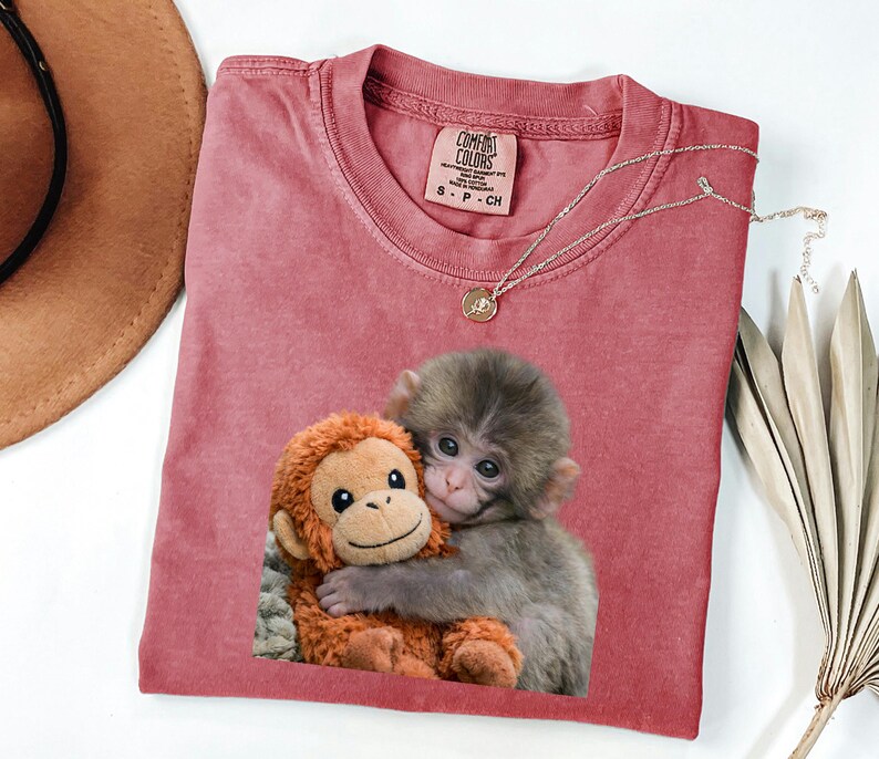 Baby Monkey Shirt, Cute Animal Tee, Hugging Plush Toy Top, Wildlife Lover Gift for Her, Zoo Keeper Apparel image 2