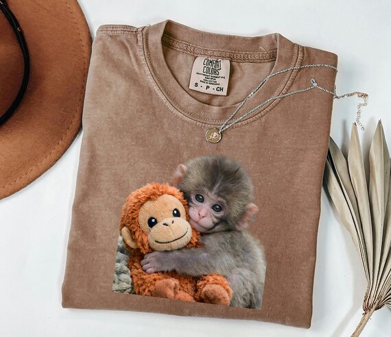 Baby Monkey Shirt, Cute Animal Tee, Hugging Plush Toy Top, Wildlife Lover Gift for Her, Zoo Keeper Apparel