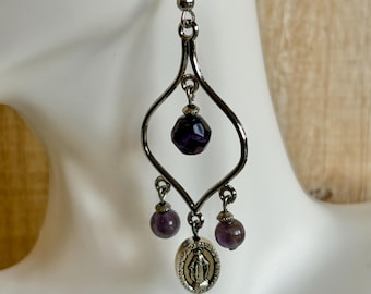Silver Amethyst Miraculous Medal Chandelier Earrings