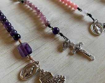 Leather Strung Stone Rosary Keychain |Steering Wheel Rosary | Car Rosary