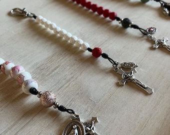 Leather Strung Ceramic Rosary Keychain |Steering Wheel Rosary | Car Rosary