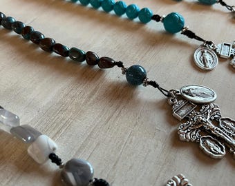 Leather Strung Stone Rosary Keychain |Steering Wheel Rosary | Car Rosary