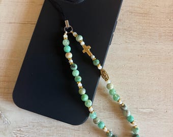 Polsbandje voor mobiele telefoonbedel met goud en aquasteen Christian Cross en Our Lady of Guadalupe