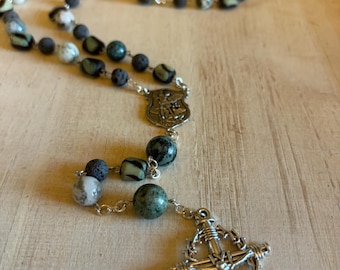Moss Agate, Lava Stone and Vintage Wood Catholic Rosary