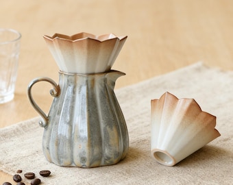 Handcrafted Ceramic Pour Over Coffee Set, Petal-Shaped V60 Dripper & Server, Rustic Artisan Coffee Brewing Kit for Coffee Lovers