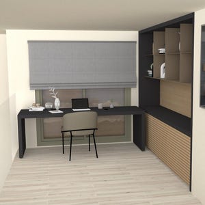 Puede incluir: Una moderna configuración de oficina en casa con un escritorio gris oscuro con una computadora portátil, silla y accesorios. Se ve una estantería empotrada con almacenamiento y una obra de arte enmarcada. La habitación tiene una paleta de colores neutros con una persiana gris.