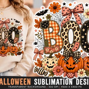 May include: A beige sweatshirt featuring a graphic design with the word BOO in large letters. The letters have plaid, leopard, and star patterns. The design includes orange pumpkins, spiderwebs, flowers, bows, and bats in a festive style.