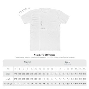 a white t-shirt with measurements and sizes listed below it.