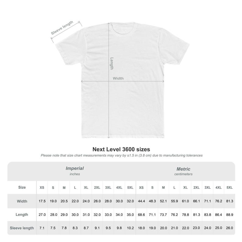 a white t-shirt with measurements and sizes listed below it.