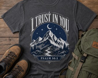 Maglietta con scritta "Confido in te" Salmo 56:3 (Grafica montagna, unisex)