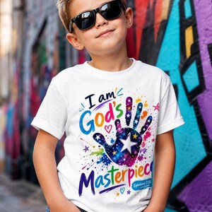 Kids Christian Tee, I Am God's Masterpiece Shirt, Bible Verse Inspirational Clothing image 3