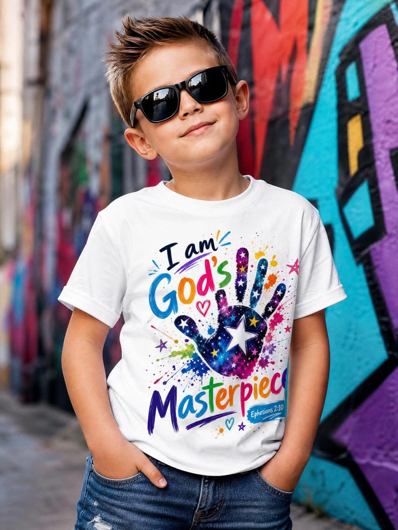 Kids Christian Tee, I Am God's Masterpiece Shirt, Bible Verse Inspirational Clothing image 3