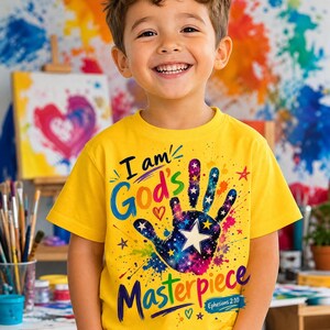 Kids Christian Tee, I Am God's Masterpiece Shirt, Bible Verse Inspirational Clothing image 2