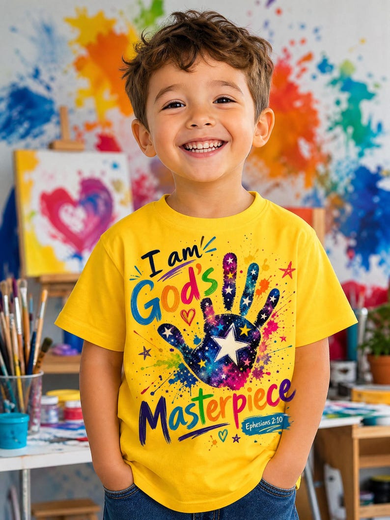 Kids Christian Tee, I Am God's Masterpiece Shirt, Bible Verse Inspirational Clothing image 2
