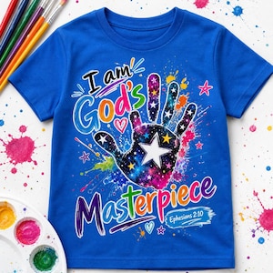 Kids Christian Tee, I Am God's Masterpiece Shirt, Bible Verse Inspirational Clothing image 1