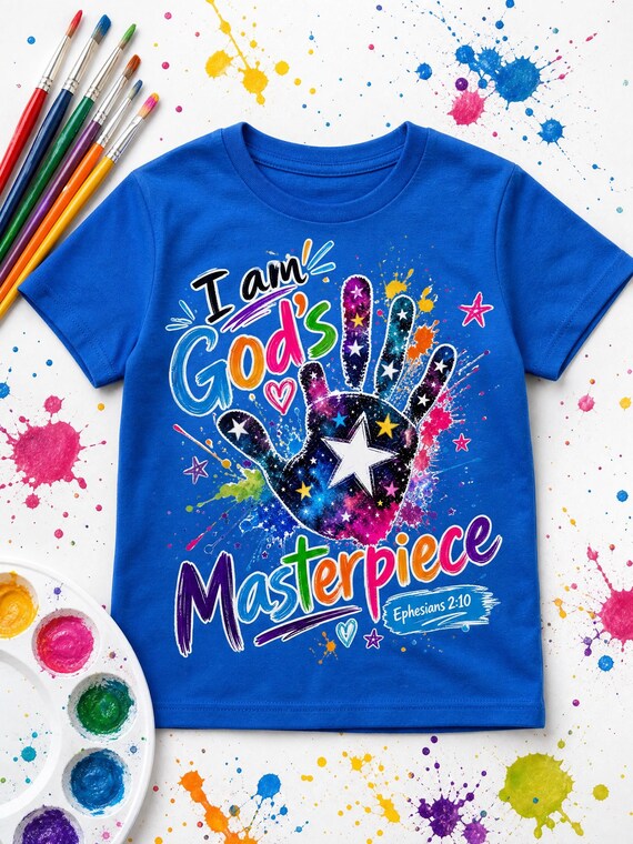 Kids Christian Tee, I Am God's Masterpiece Shirt, Bible Verse Inspirational Clothing