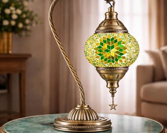 Modern Turkish Moroccan Mosaic Lamp – Bronze Base Tiffany Style Glass – Handmade Bedside Nightstand Light – Customizable