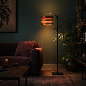 Modern Tall Floor Lamp, Mid Century Wood Shade Standing Lamp, Antique Brass, Customizable Lampshades