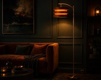 Modern Tall Floor Lamp, Mid Century Wood Shade Standing Lamp, Antique Brass, Customizable Lampshades